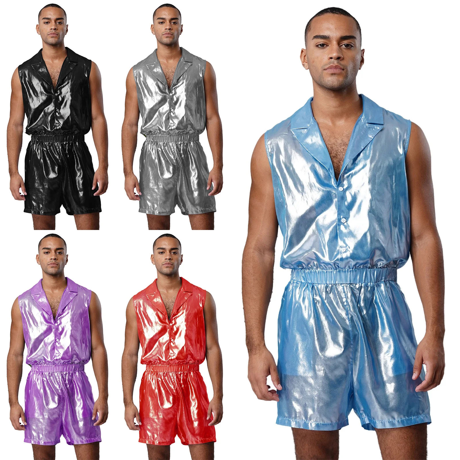Męski szyfonowy satynowy kombinezon piżamowy bez rękawów z elastyczną talią, body na rave, imprezę, lato, na co dzień, do noszenia w domu, zestawy piżamowe.