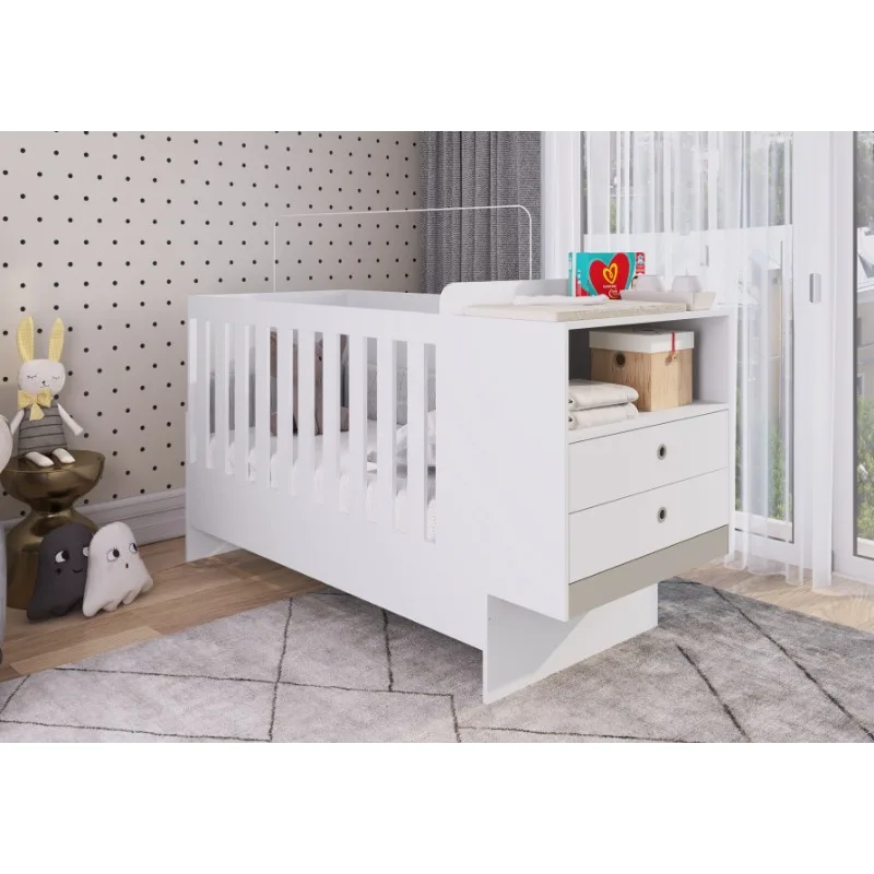 Modern Style Baby Crib Multipurpose 4x1 Wooden Kids Bedroom Furniture Set Particleboard Bed White Color