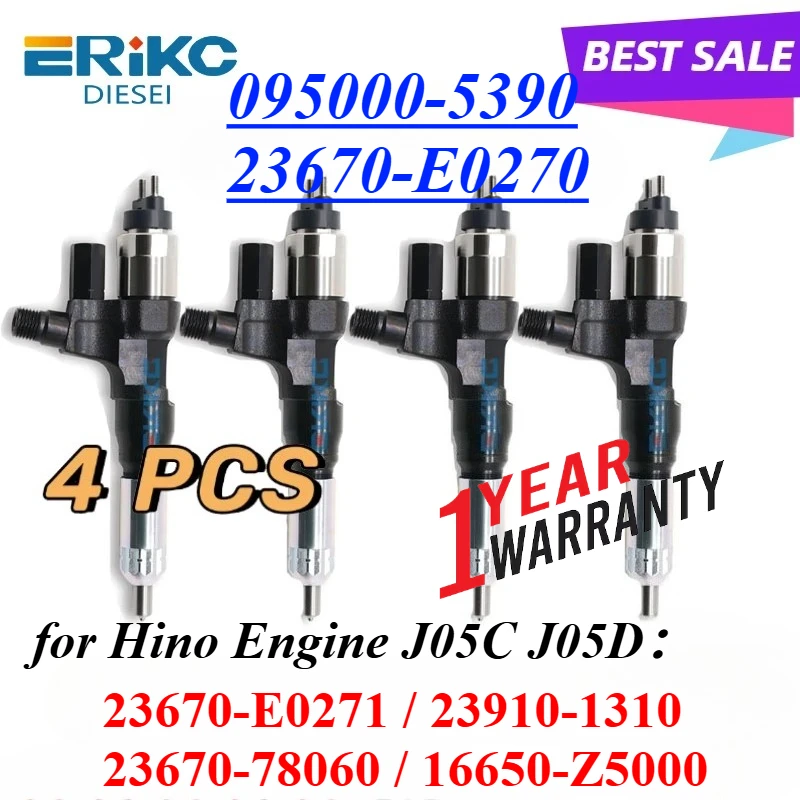 

4PC 095000-5390 23670-E0270 Diesel Fuel Injector 095000-5394 for Hino J05C J05D 23670-E0271 23910-1310 23670-78060