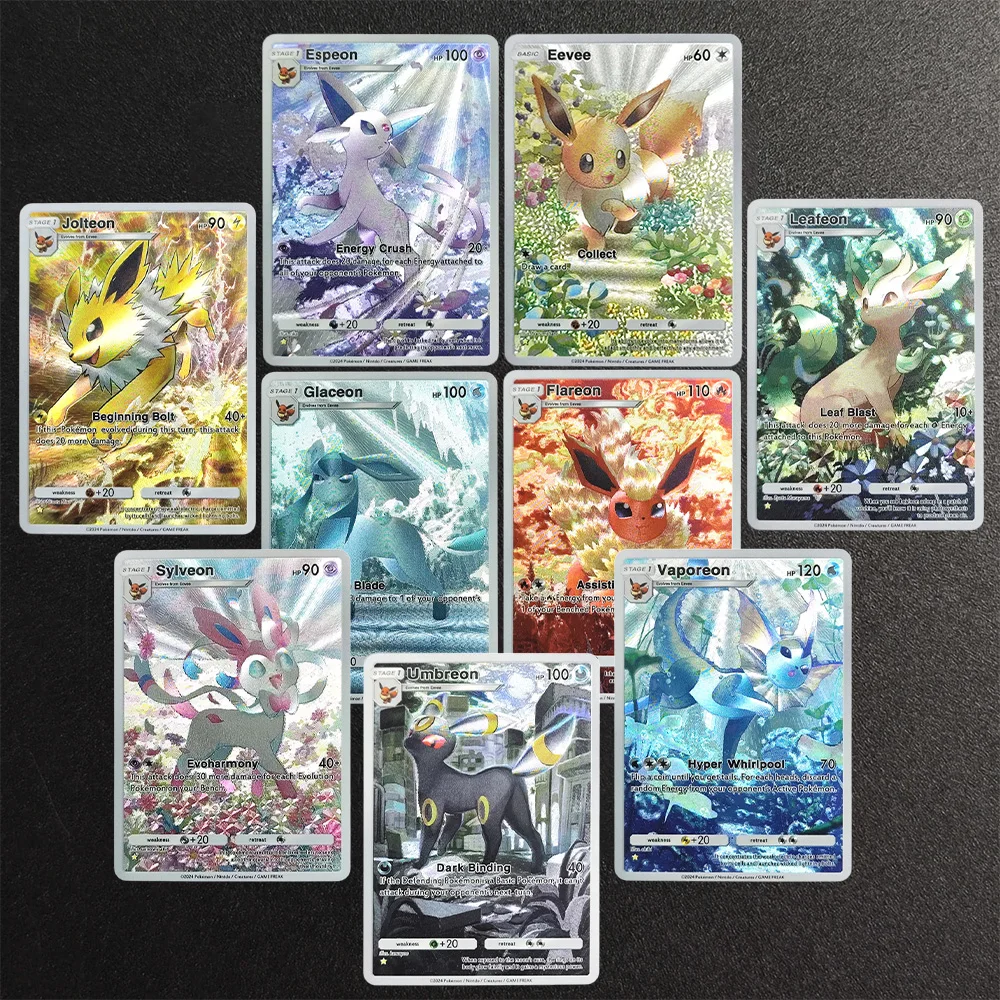9PCS/Set TCG Pocket English Vaporeon Flareon Umbreon Espeon Leafeon Glaceon Sylveon Jolteon Eevee Game Texture Flash Card Toy