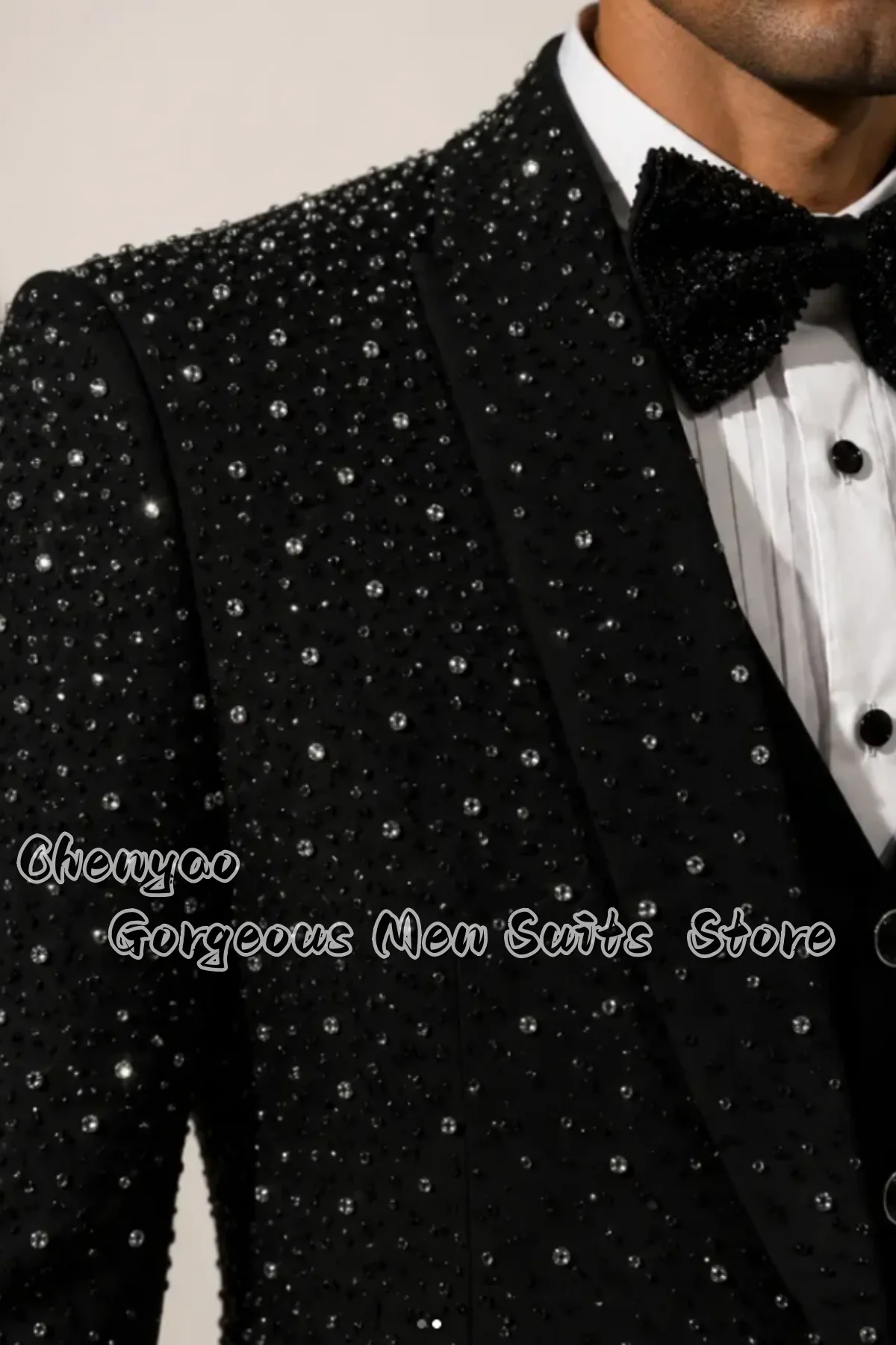 Men Black 3 Piece Suit Full Rhinestone Embellished Jacket Vest Pants Groom Tuxedo Formal Wedding Party Prom Blazer Set Ropa Homb