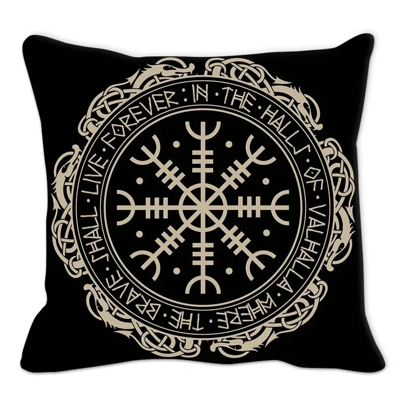 

Viking Runes Compass Cushion Cover Peach Skin Norse Mythology Throw Pillowcase Black Celtic Knot Sofa Living Room Home Decor
