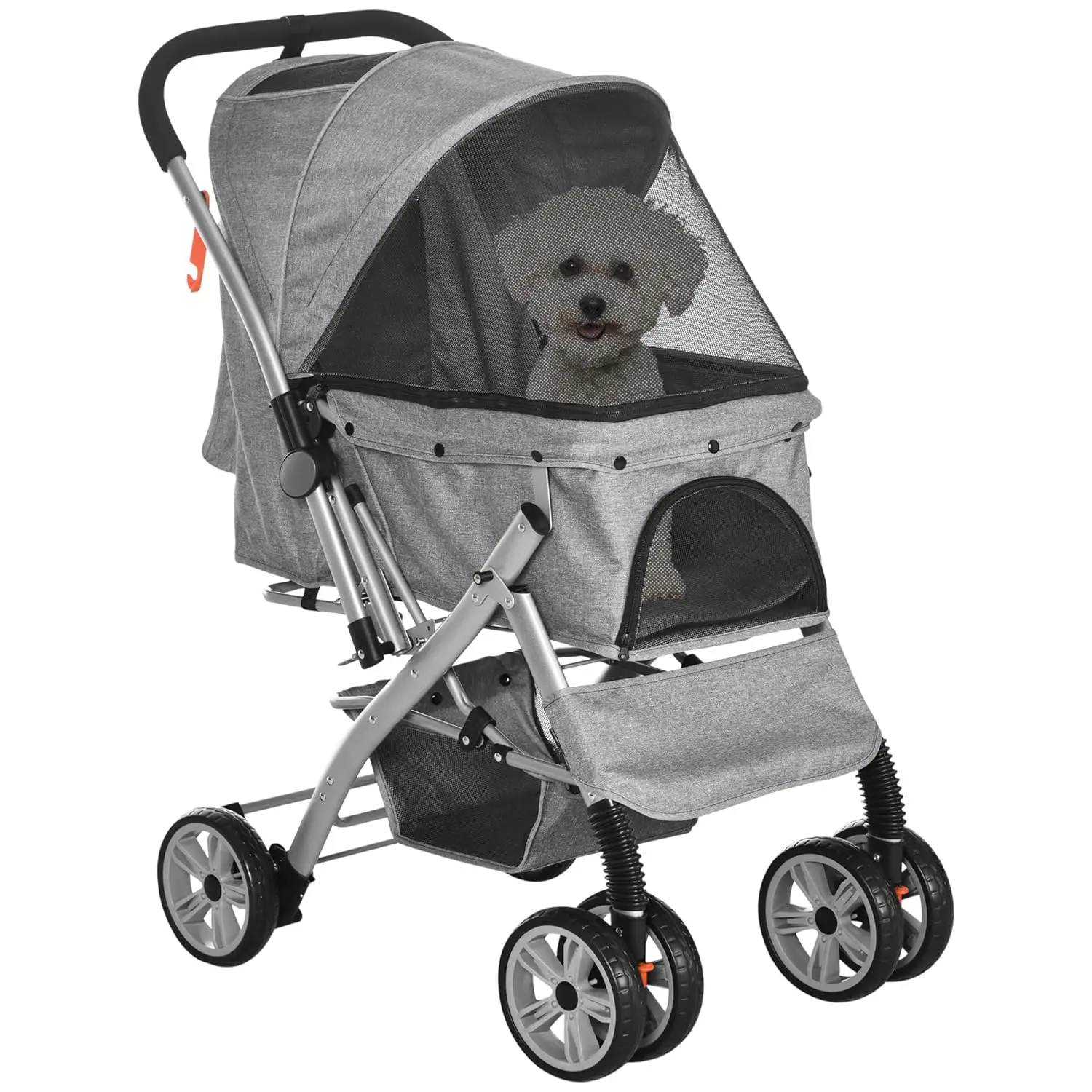 PawHut Dog Stroller for Small Dogs Cats, 4 Wheels One-Click Fold Pet Stroller with Swivel Wheels, Brake, Basket Storage, Safety