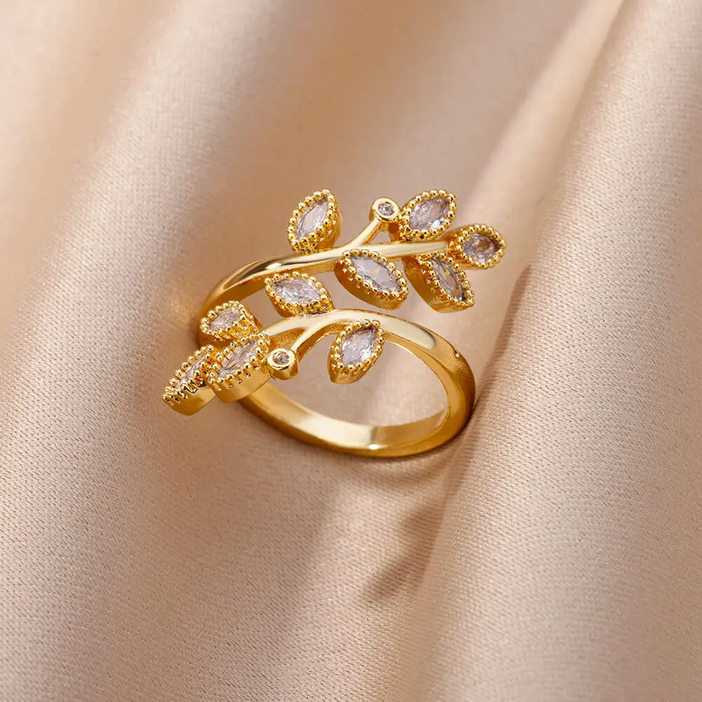 

Cubic Zirconia Leaves Rings for Women Gold Color Premium Stainless Steel Ring Plant Aesthetic Jewelry Finger Accessories anillos