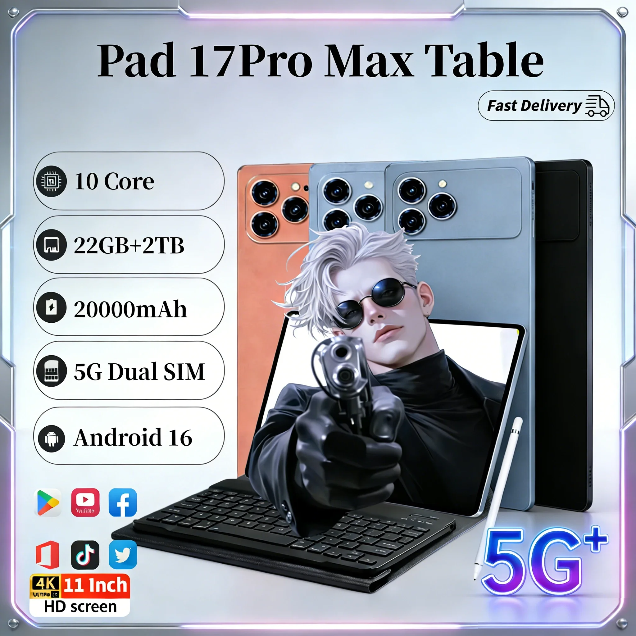 Nueva Edición Global 2026, Tablet Pad 17 Pro Max con Android 16, 24GB de RAM, 2TB de Almacenamiento, Pantalla de 11 Pulgadas, Batería de 20000mAh, SIM 5G, Tablet PC Dual