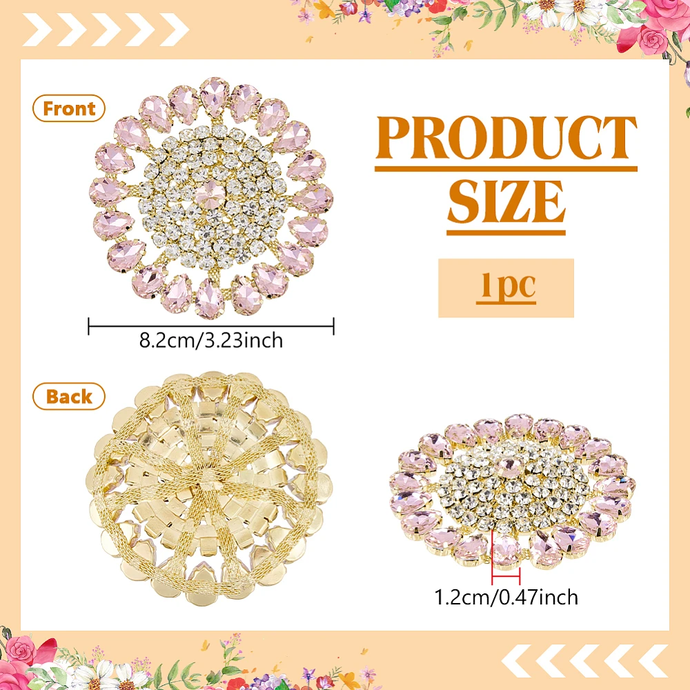 Round Rhinestone Applique 3.23inch in Diameter Pink Retro Applique with Light Gold Brass Base Sew On Floral Rhinestone Patch