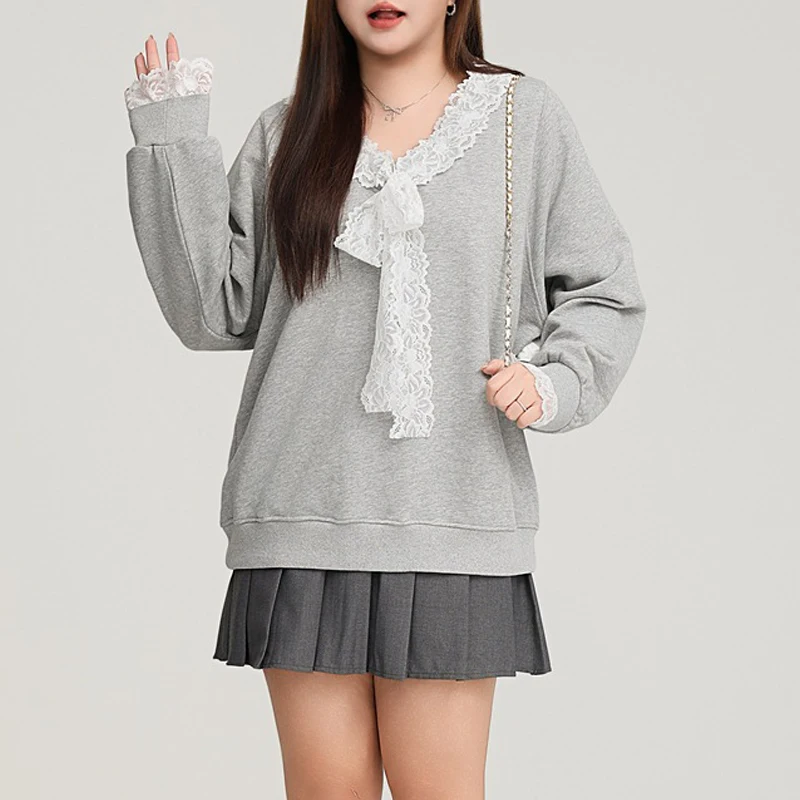 Retro Sweet Bow Lace Ribbon V-neck Hoodie Women Plus Size Good Quality 2025 Spring Sweatshirt Preppy Style Loose Tops 9122