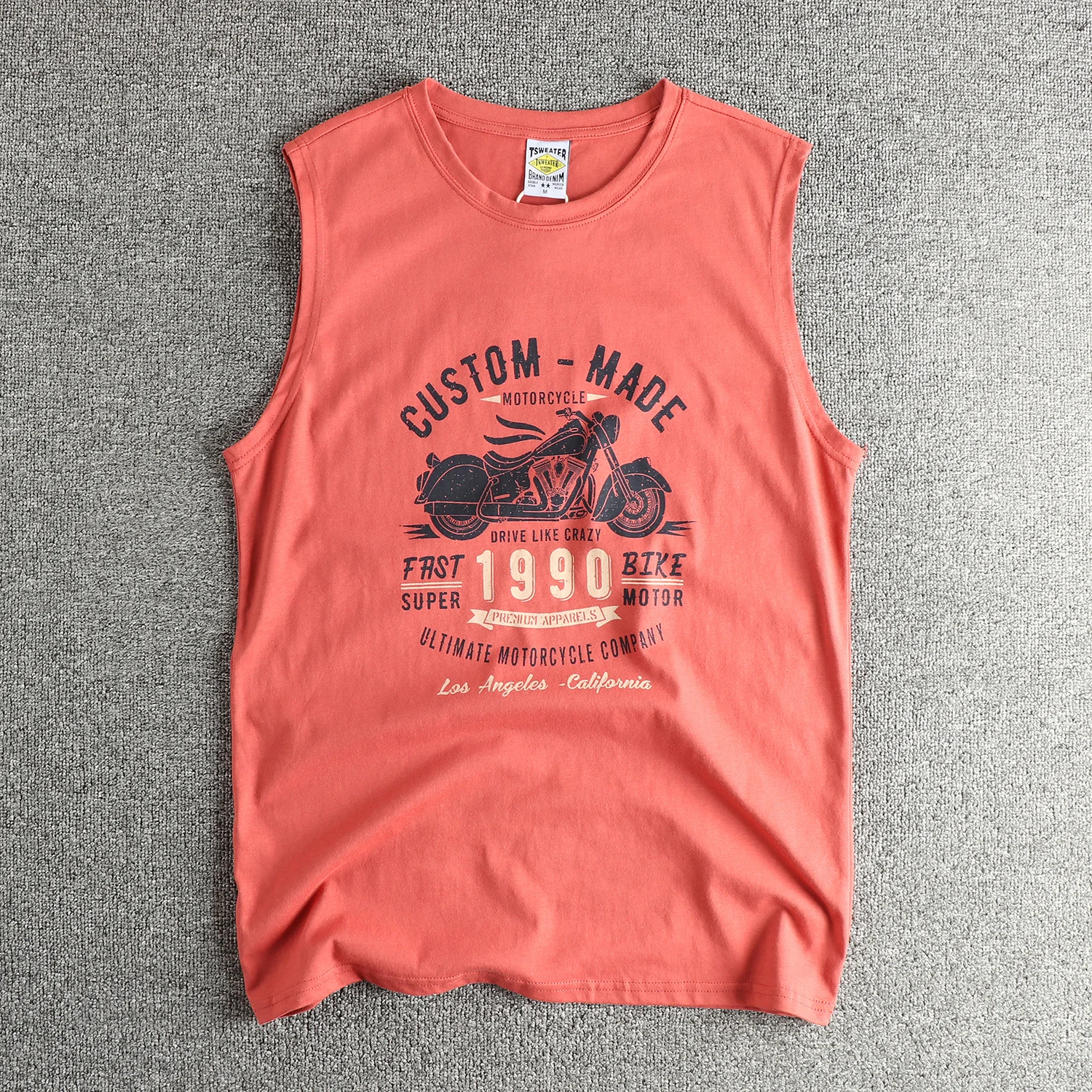 Retro motorcycle letter print men's sweat vest combed cotton wash comfortable sleeveless sports T-shirt