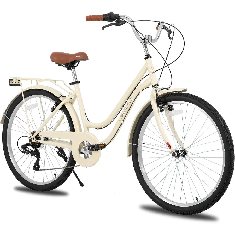 

26 inch Beach Cruiser Bike for Men and Women with 7 Speed StepThrough Frame Adult Commuter City Bicycle Featuring Rear Rack for