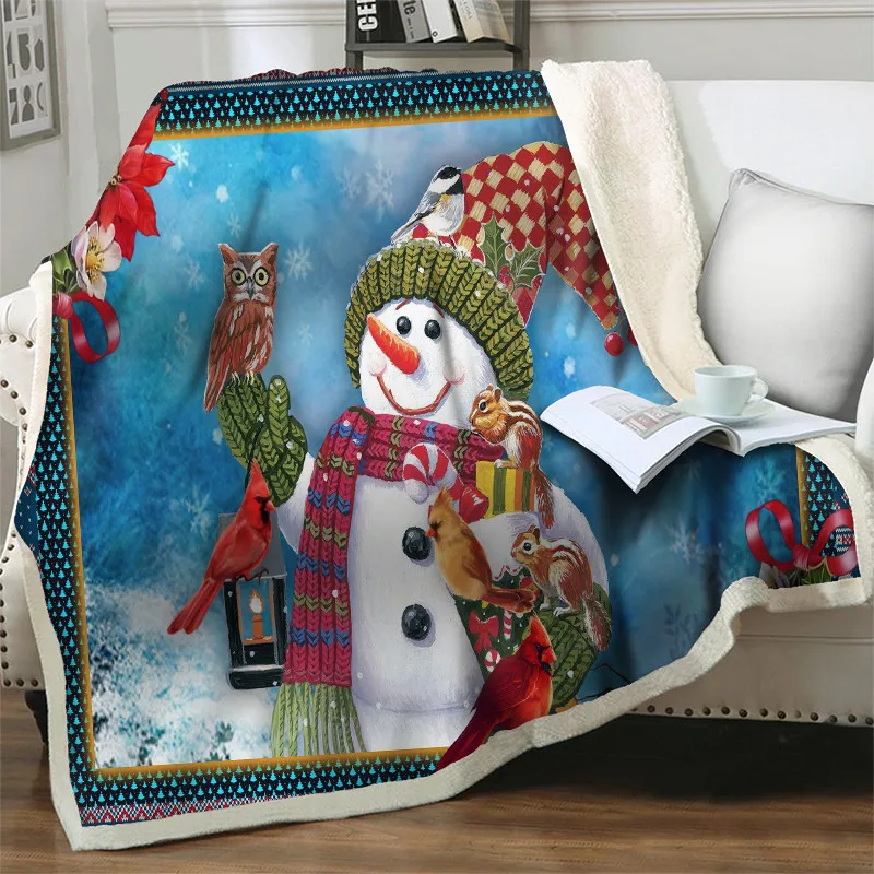 

Merry Christmas Plush Throw Blanket 3D Cartoon Cute Snowman Print Travel Picnic Blankets for Bed Sofa Kids Couch Cover Nap Quilt