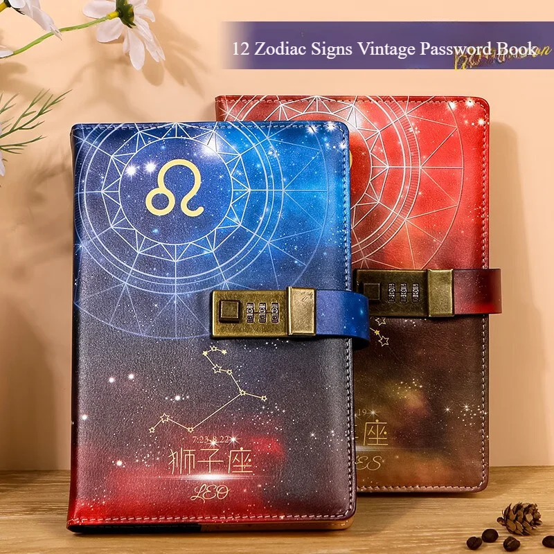 A5 Twelve Constellations Password Book Diary with Lock Birthday Gift Notepad Retro Creative Hand Book