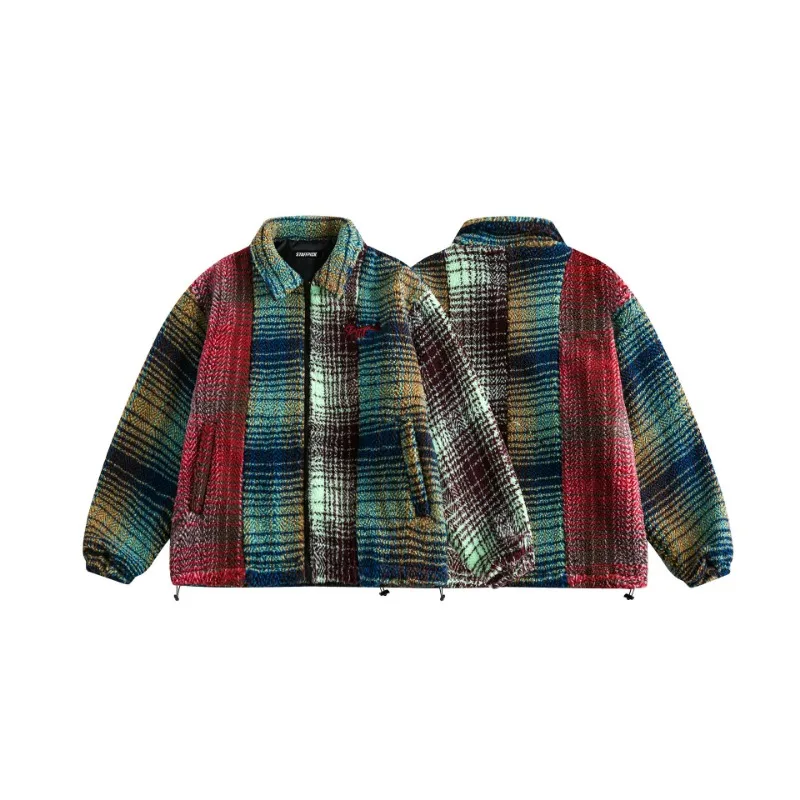 Winter Contrasting Plaid Men's Parkas Colorful Woolen Thickened Jacket High-end Loose Fitting Couple Top Men Women Unisex Coats