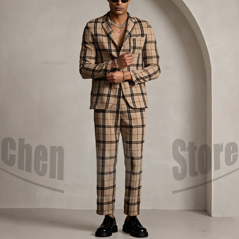 

Модные клетчатые мужские костюмы с лацканами, однобортные клетчатые костюмы из двух предметов, официальная одежда для деловой свадьбы, вечеринки, индивидуальный мужской костюм