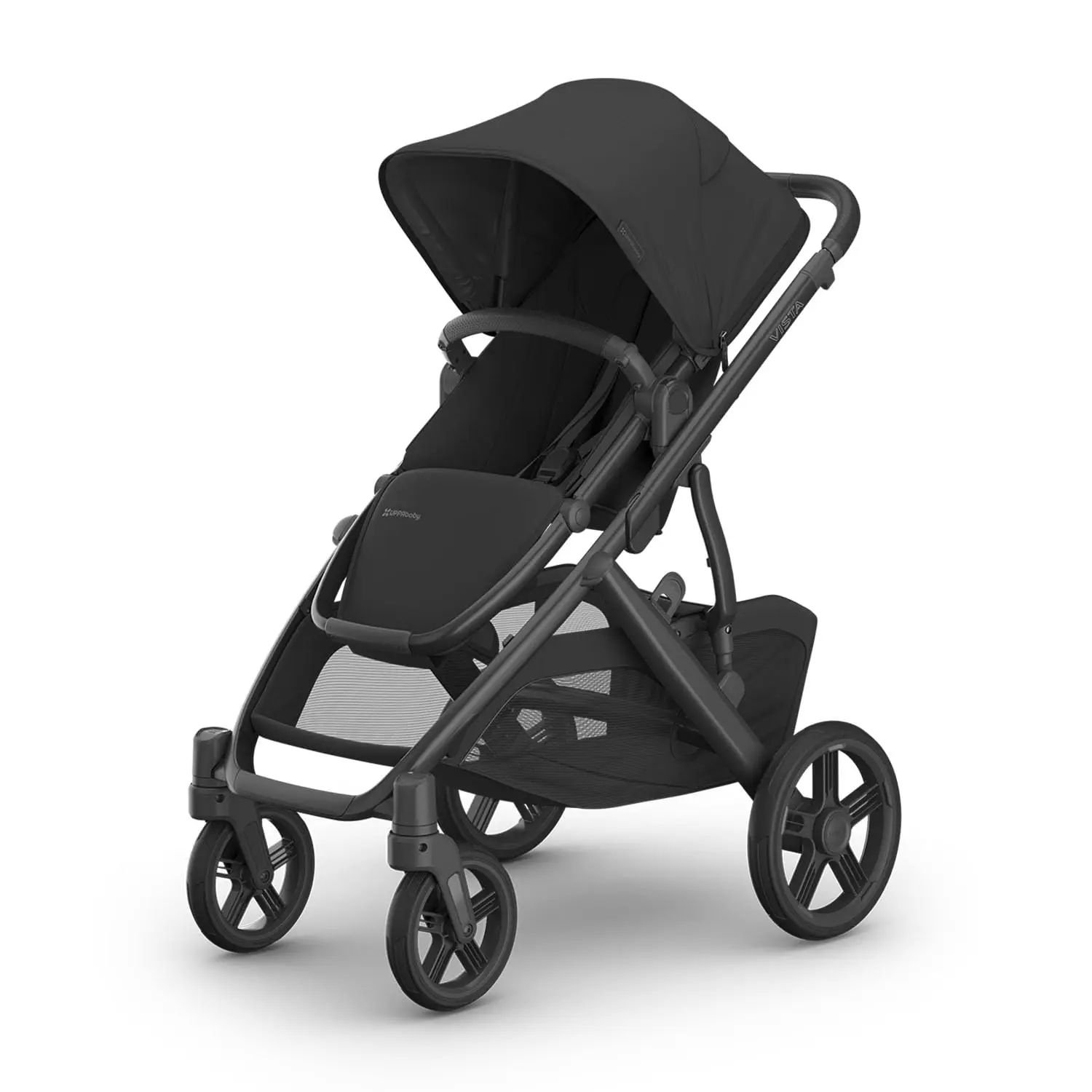

UPPAbaby Vista V3 Full-Size Stroller Black Leather Toddler Seat Bug Rain Shields Storage Bag Convertible Single-to-Double System