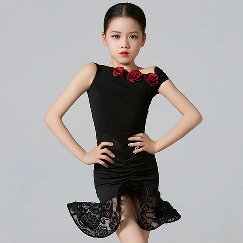 

Black Lace Latin Dance Dress Kids Girls Flower Performance Suit Cha Cha Dance Competition Clothing Ballroom Dance Dress DNV20456