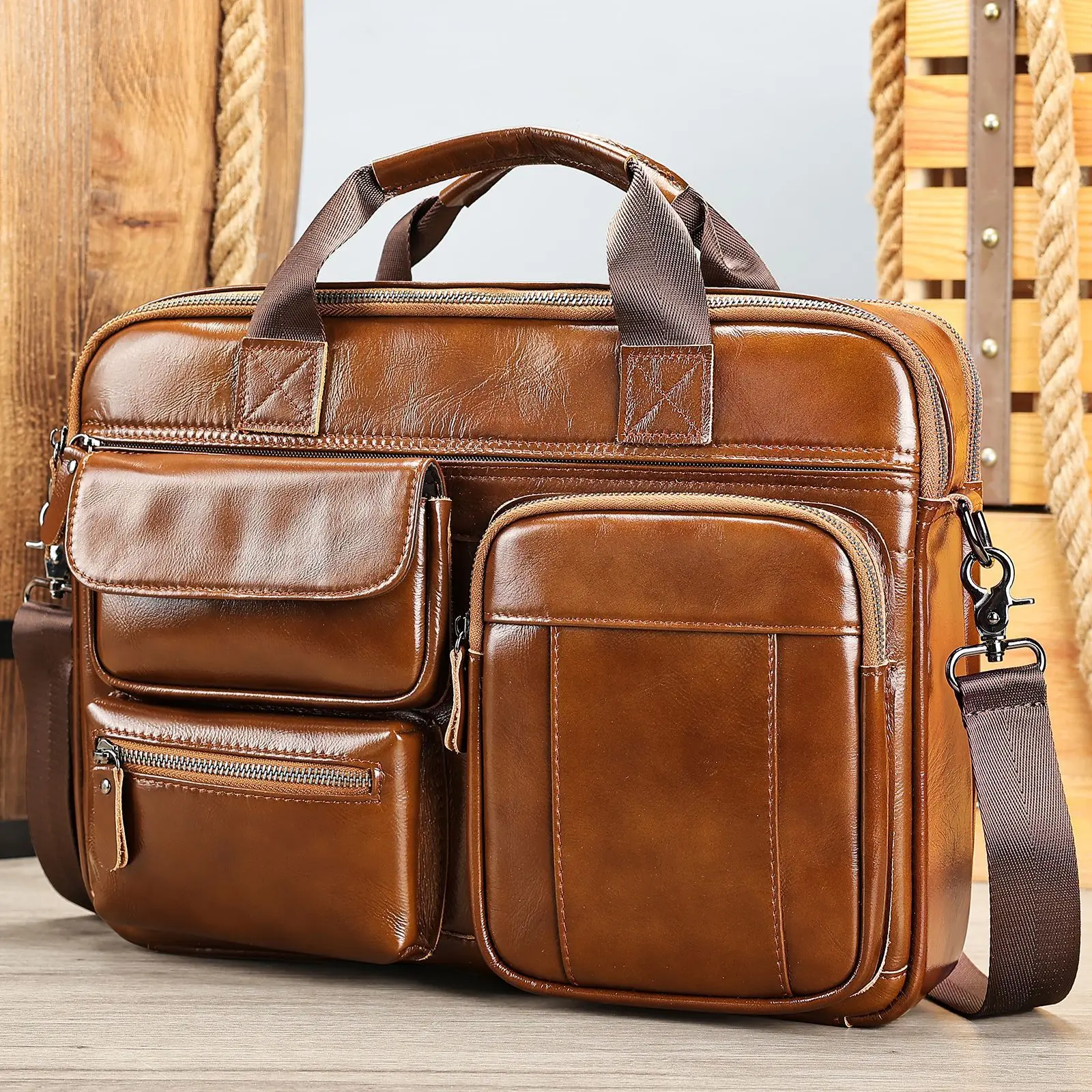 Men's Leather Briefcase Horizontal Large Capacity Business Cowhide Handbag Computer Bag Casual Youth Official Bag