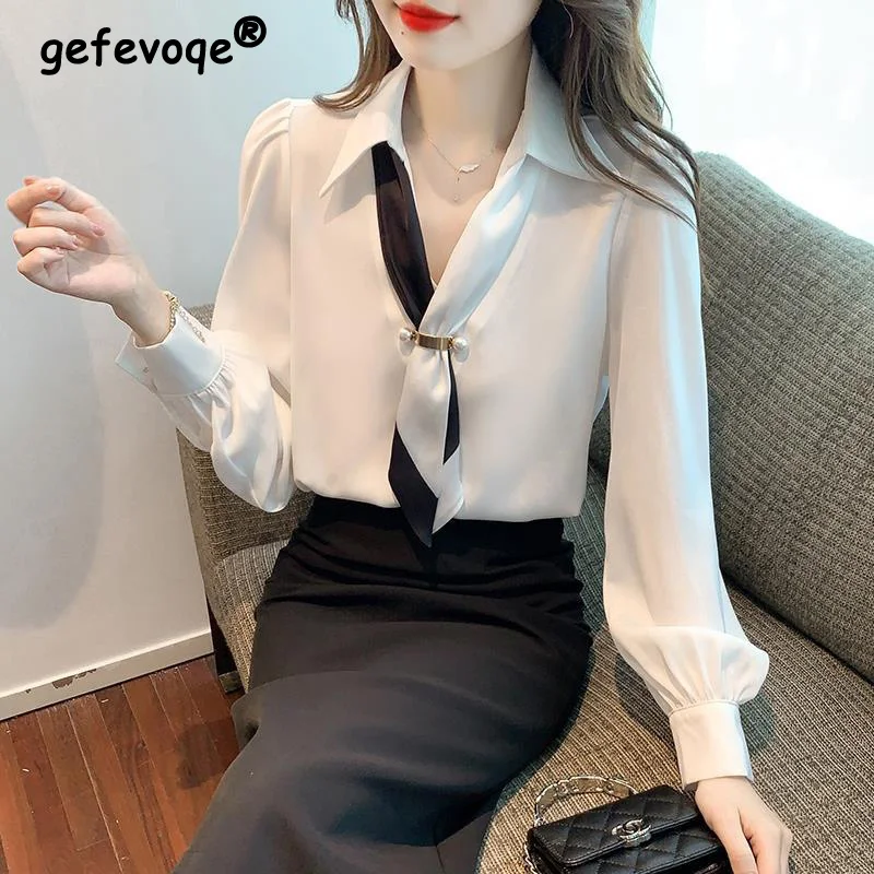 Early Autumn Office Lady Chiffon Shirt for Women 2023 Strap V-neck All-match Solid Color Long Sleeve Embroidered Flares Blouse