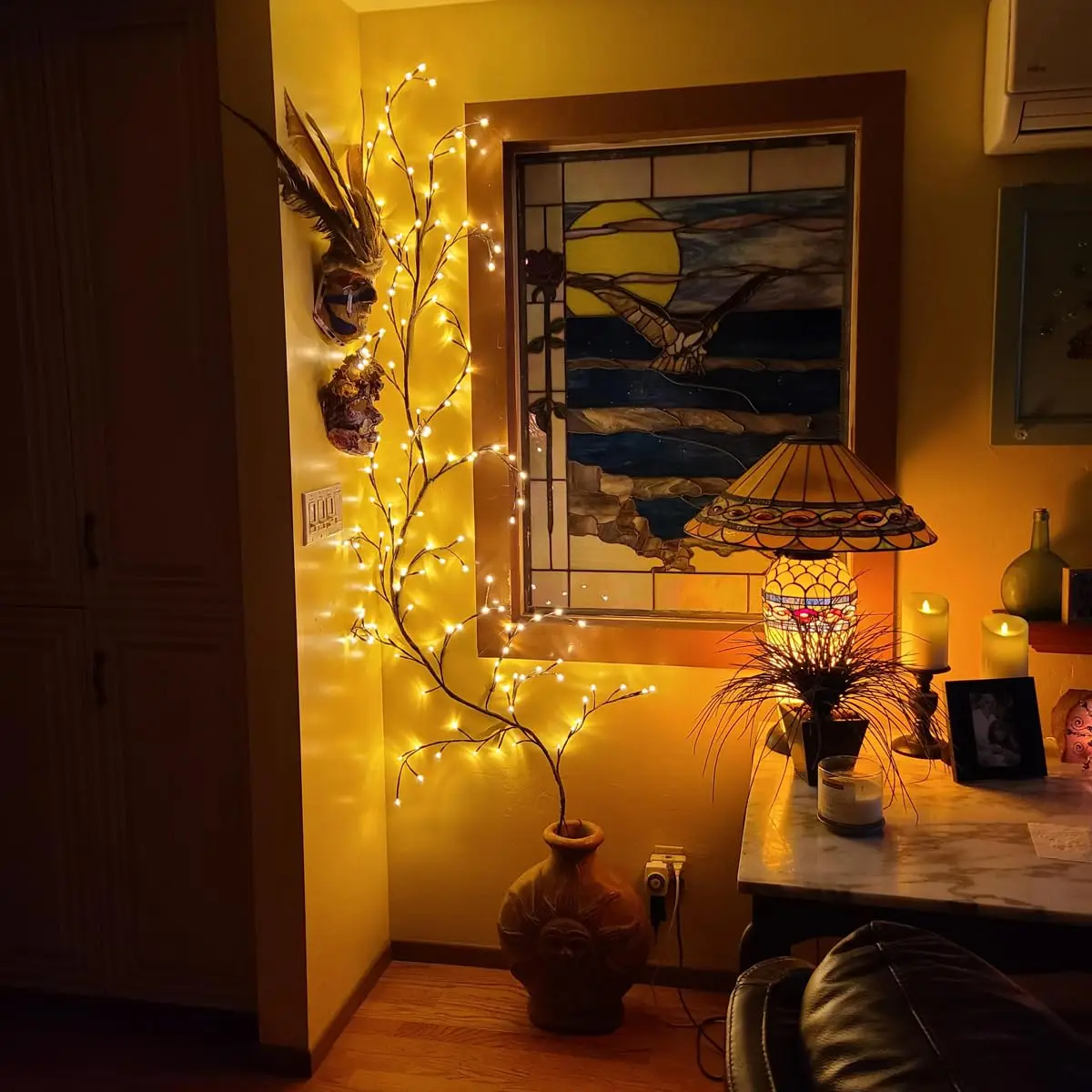 Bendable Tree Branch Wall Lights 96LED Warm White USB Remote Dimmable Willow Vine Fairy Lights DIY Home Bedroom Farmhouse Decor with 20 Adhesive Hooks