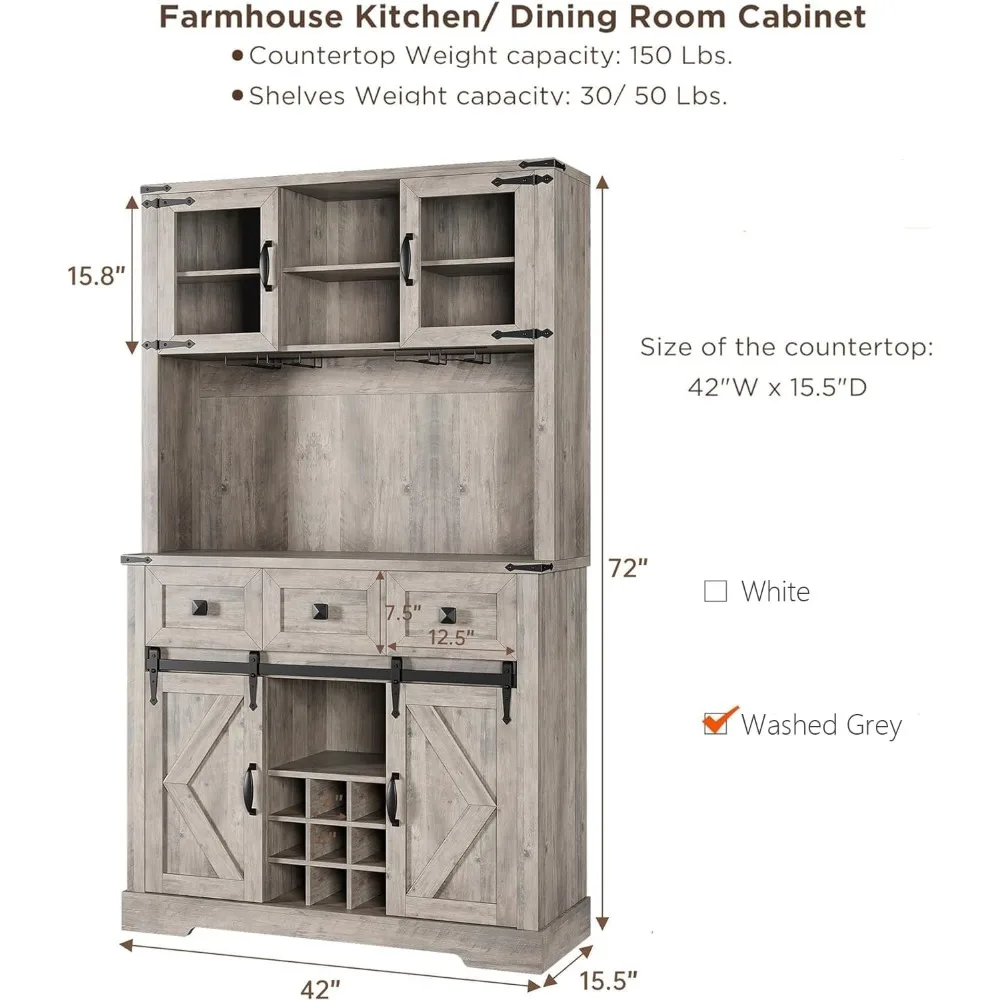 72" Farmhouse Bar Cabinet With Sliding Barn Door, Tall Kitchen Buffet With Storage Hutch And 3 Drawer, Rustic Coffee Wine Bar