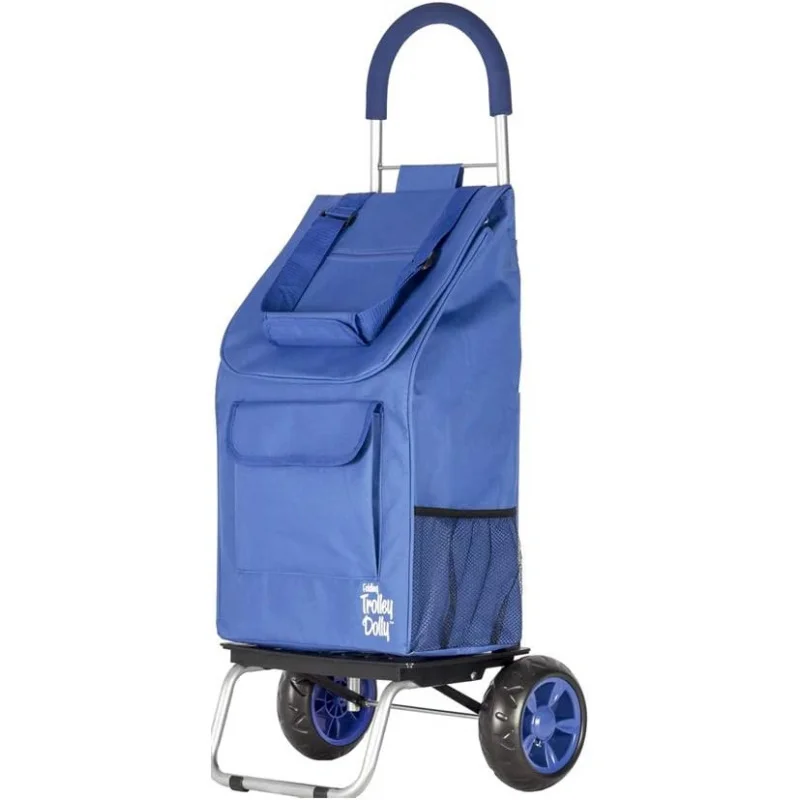 

Trolley Dolly, Blue Foldable Shopping cart for Groceries with Wheels and Removable Bag and Rolling Personal Handtruck, Standard