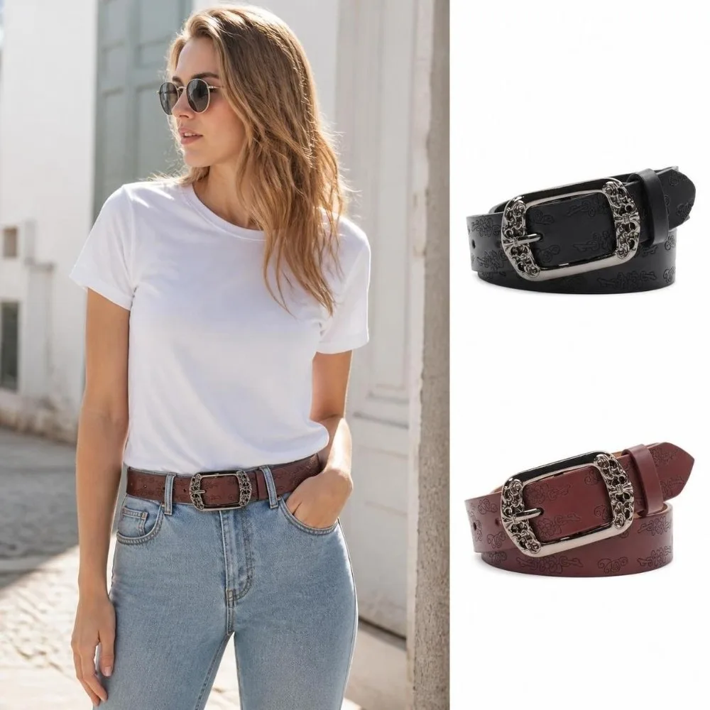 Alloy Pin Buckle Embossed PU Leather Belt Adjustable Faux Leather Decorative Waist Strap Antique Metal Buckle Unisex Design