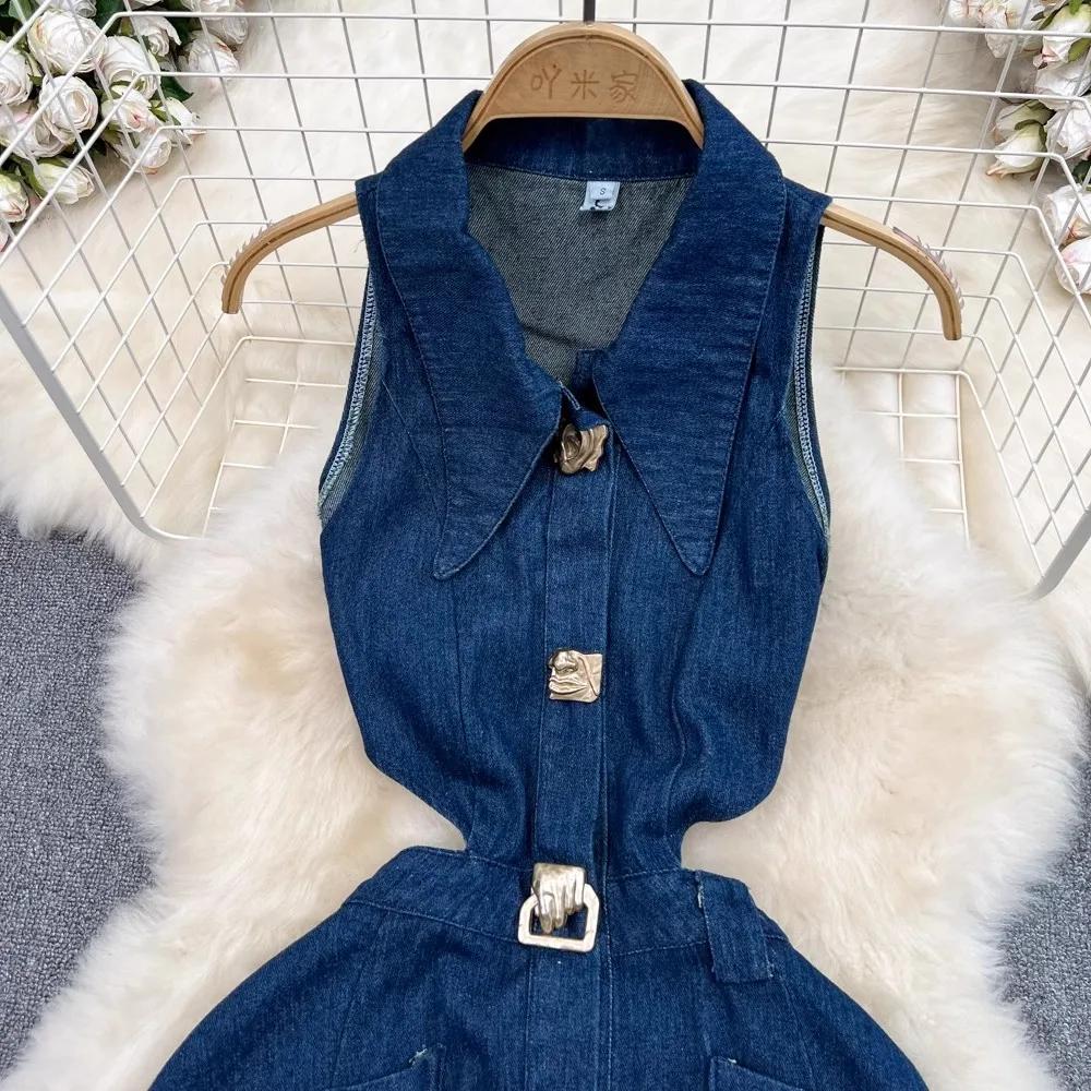 Vintage Sexy Lange Denim Jurk Vrouwen Koreaanse Zomer Mouwloze Holle Blauwe Jurken Jeans Vestidos