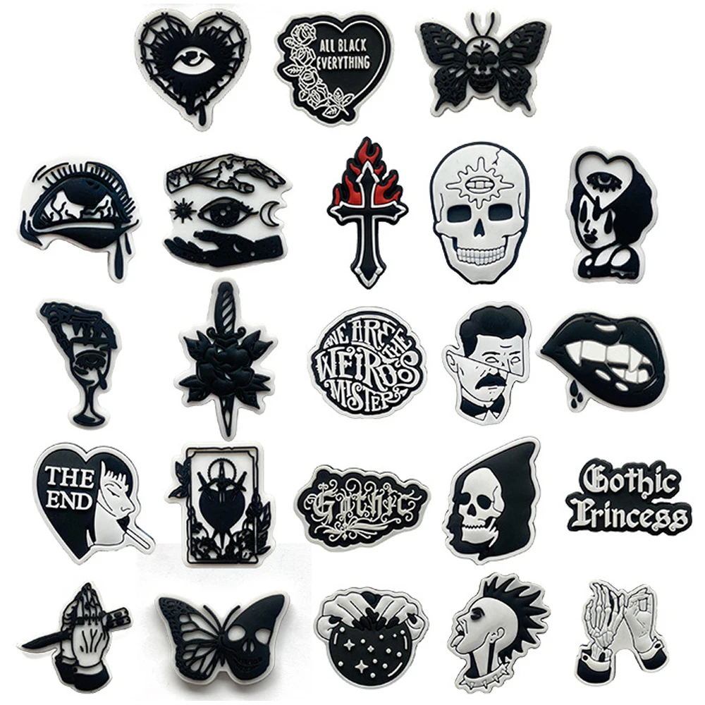 23 Stück schwarz-weiße Gothic-Schuh-Charms für Bubble Slides, Clogs, Sandalen, PVC-Schuhdekorationen, Zubehör, Schnallen