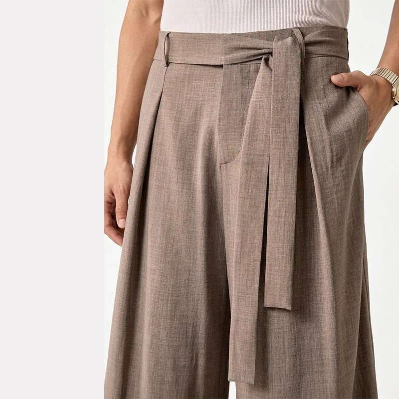 KIDWHXR Herrenhose, locker geschnitten, mittelhoher Bund, atmungsaktiv, Vintage-Plisseehose, gerade geschnitten, mit Kordelzug, Business Casual Herrenhose – Detail 15