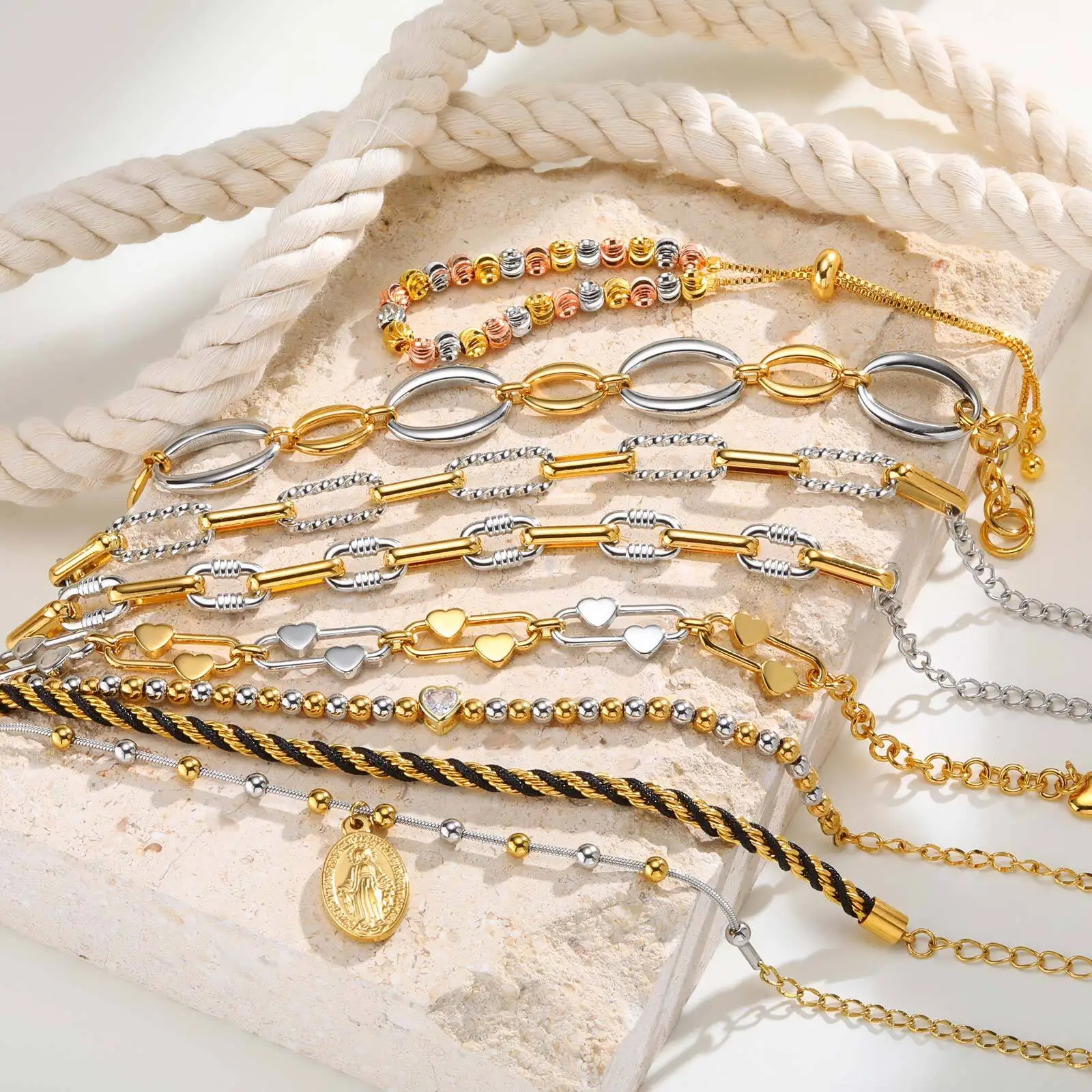 سوار سلسلة بلونين للنساء، وصلة معدنية مختلطة مكتنزة، مجوهرات مقاومة للماء من الفولاذ المقاوم للصدأ، سوار معصم أنيق قابل للتعديل