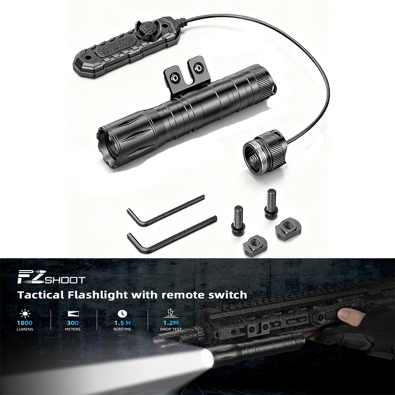 

EZshoot 1800 Lumens Tactical Rifle Flashlight LED Light with Pressure Switch Compatible with M-Rail with Strobe Mode for Hunting