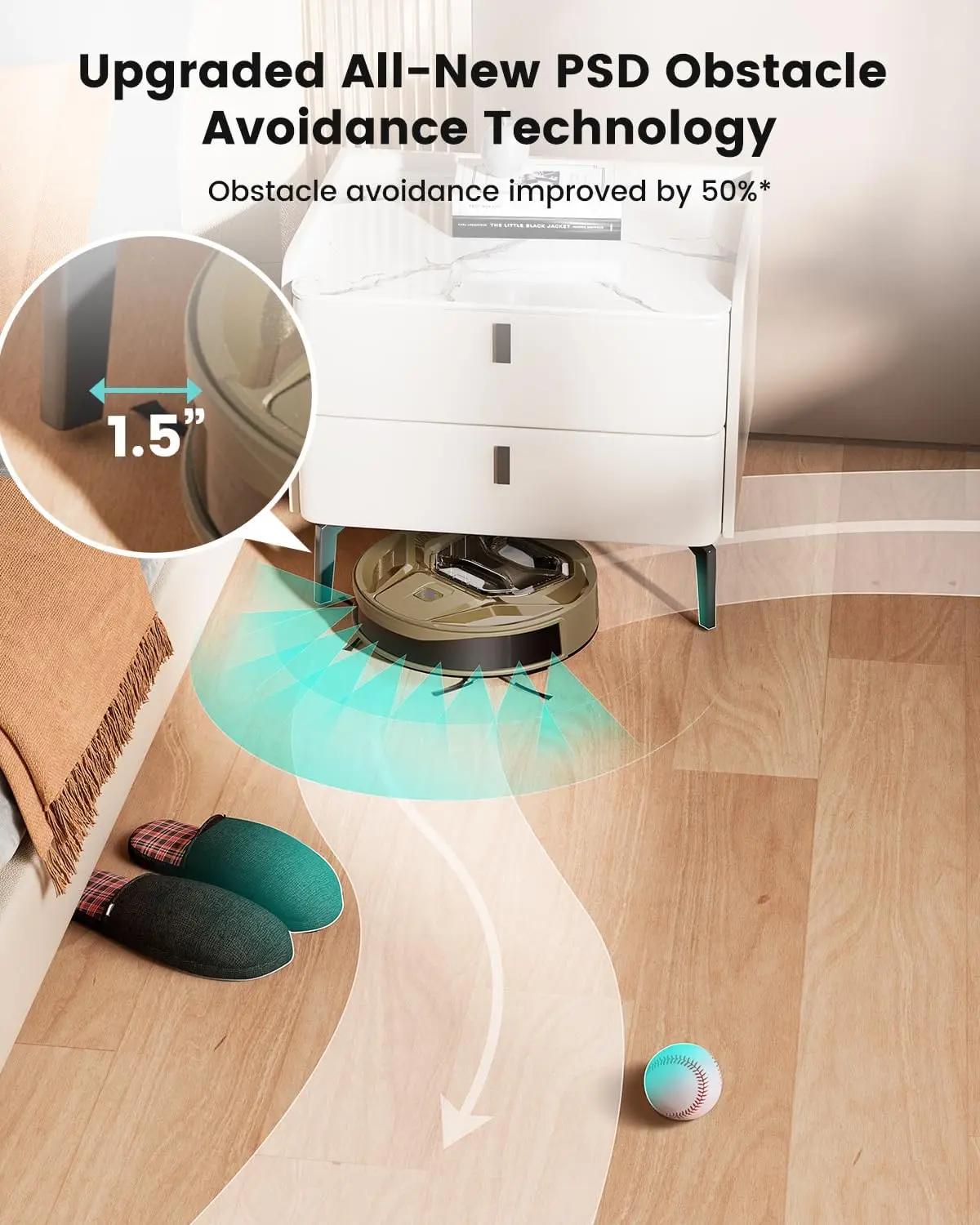 كشف السجاد، شفط 8000 باسكال، ضوضاء منخفضة، سلة مهملات مرئية 800 مل، وقت تشغيل 360 دقيقة، شحن ذاتي، مثالي للأرضيات الصلبة