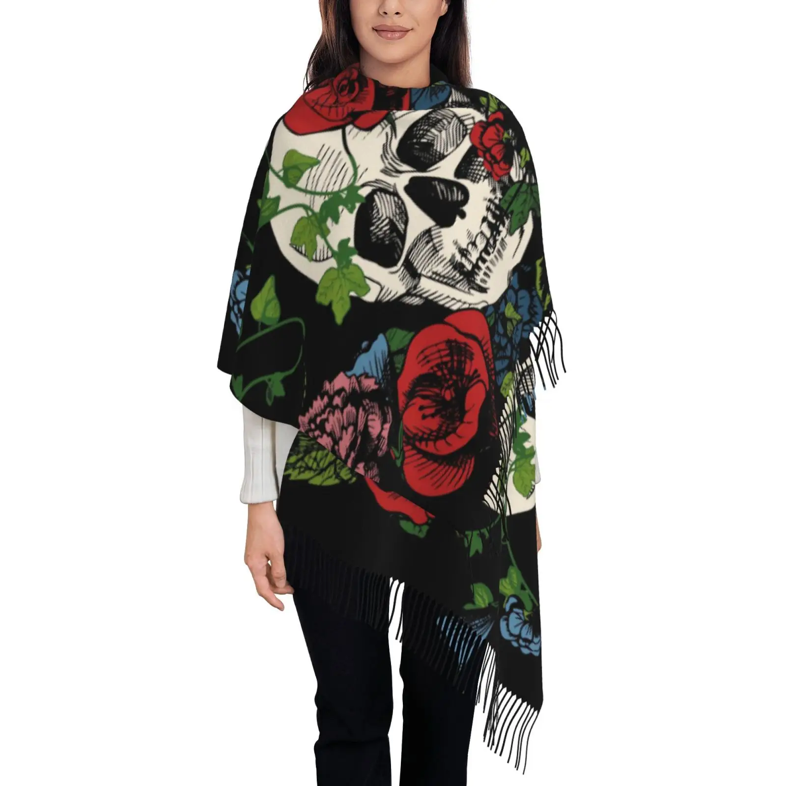 Skull and Red Rose Print Women Shawl Scarf, Gothic Floral Pattern Tassel Wrap, Soft Warm Oversized Cape for Autumn Winter