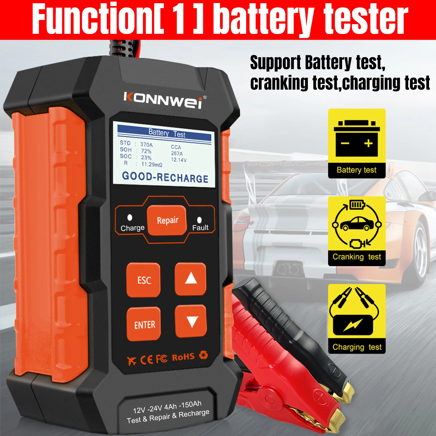 KONNWEI KW520 3 in 1 Automatic Car Truck Battery Tester 12V 10A 24V 5A Charger Lead Acid Car Battery Pulse Repair Tool AGM 2026