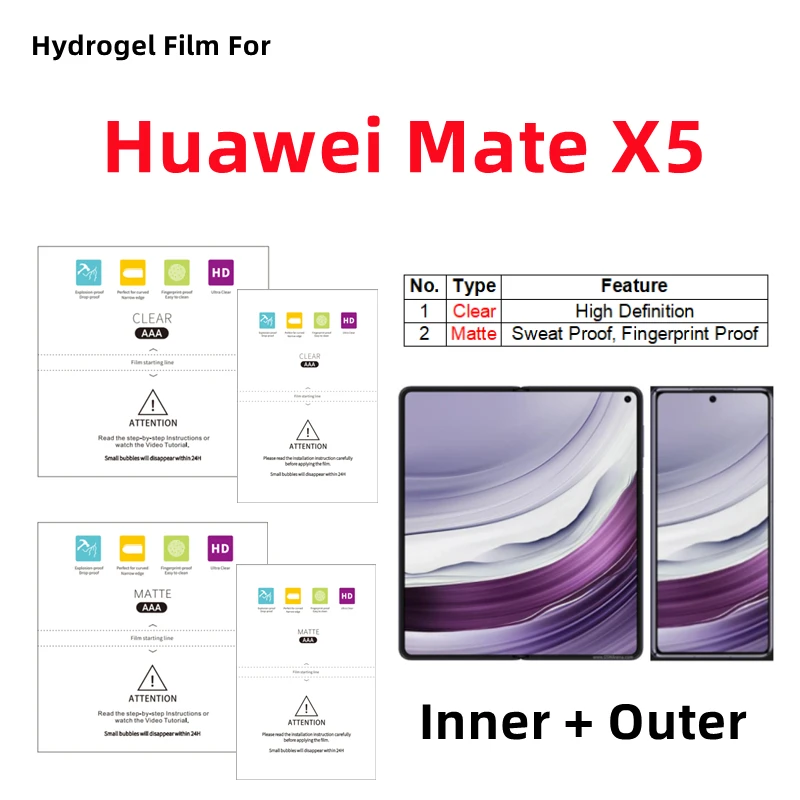 

Inner + Outer Matte Hydrogel Film For Huawei Mate X5 Clear Protective Film Folding Phone Huawei Mate X5 HD Screen Protector