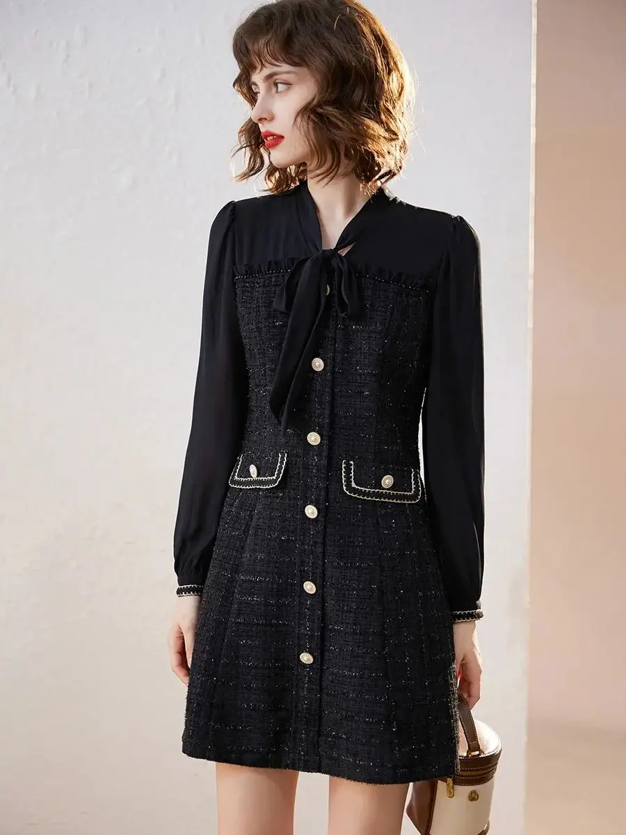 LOUIS YAO Women Dress 2024 New Arrival Elegant Bow Lace-up Long Sleeve V Neck A-line Office Lady Short Women\'s Dressce Lady