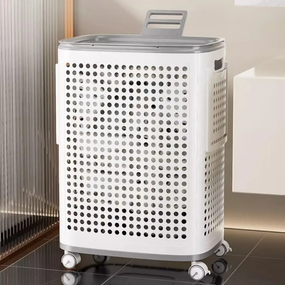 

Large Capacity Folding Dirty Clothes Basket Dust-proof Plastic Hollow Out Washing Baskets with Mute Wheels Detachable