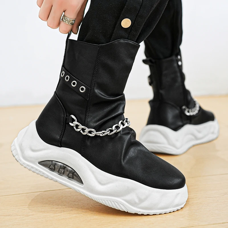 Men Platform Boots Chain Decoration Outdoor Comfortable Sneakers Versatile High Top Shoes Lace Up Casual Black Shoe Male 39-44