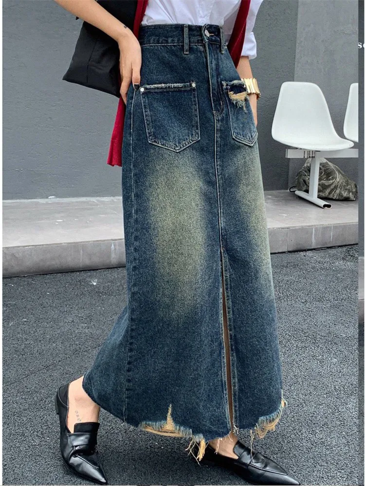 

GUUZYUVIZ New High Waist Vintage Front Slit Flayed Raw Hem Jean Skirt Women Korean Fashion Casual Pocket Female Denim Long Skirt