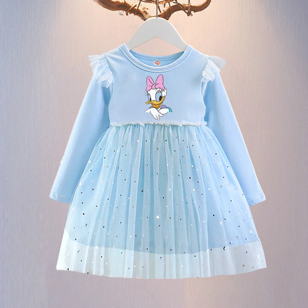 여자 스팽글 드레스 디즈니 새 어린이 옷 가을 긴 소매 어린이 미니 공주 드레스 아기 소녀 생일 파티 2-8Y