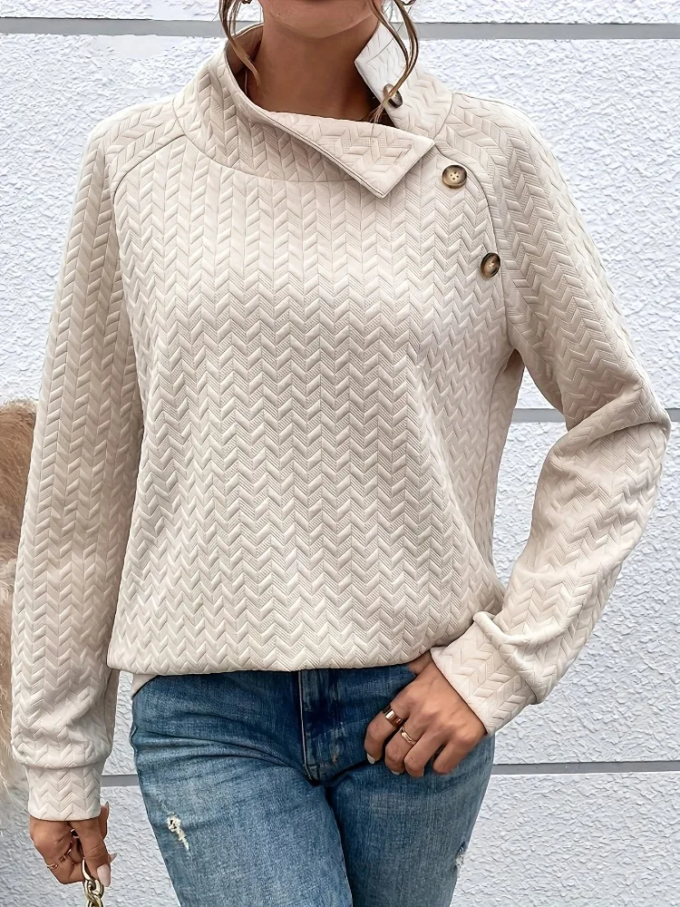 Autumn Winter Warm Turtleneck Sweatshirts Women Trendy Wavy Pleats Diagonal Buckle Beige Pullover Tops Versatile Style T-shirts