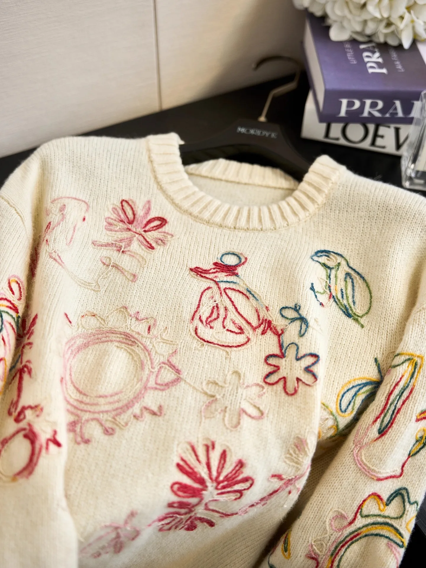 Floral Embroidery 100 Wool Knitted Sweater Comfortable Underwear Style Autumn Winter round Neck Pullover Soft Warm Women's Top