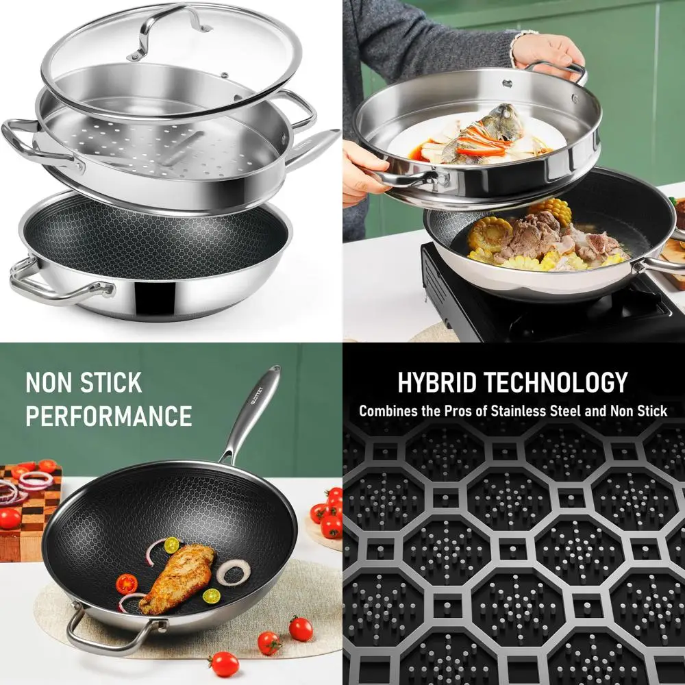 

12-Inch Nonstick Stainless Steel Wok with Steamer, Lid and Cool Handle, PFOA-Free, Dishwasher & Oven Safe, Induction Compatible