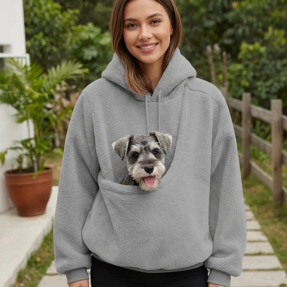 Solid Color Pet Carrier Hoodie for Women Soft Warm Cat Pocket Sweatshirt With Drawstring Long Sleeve Pet Holder Pullover