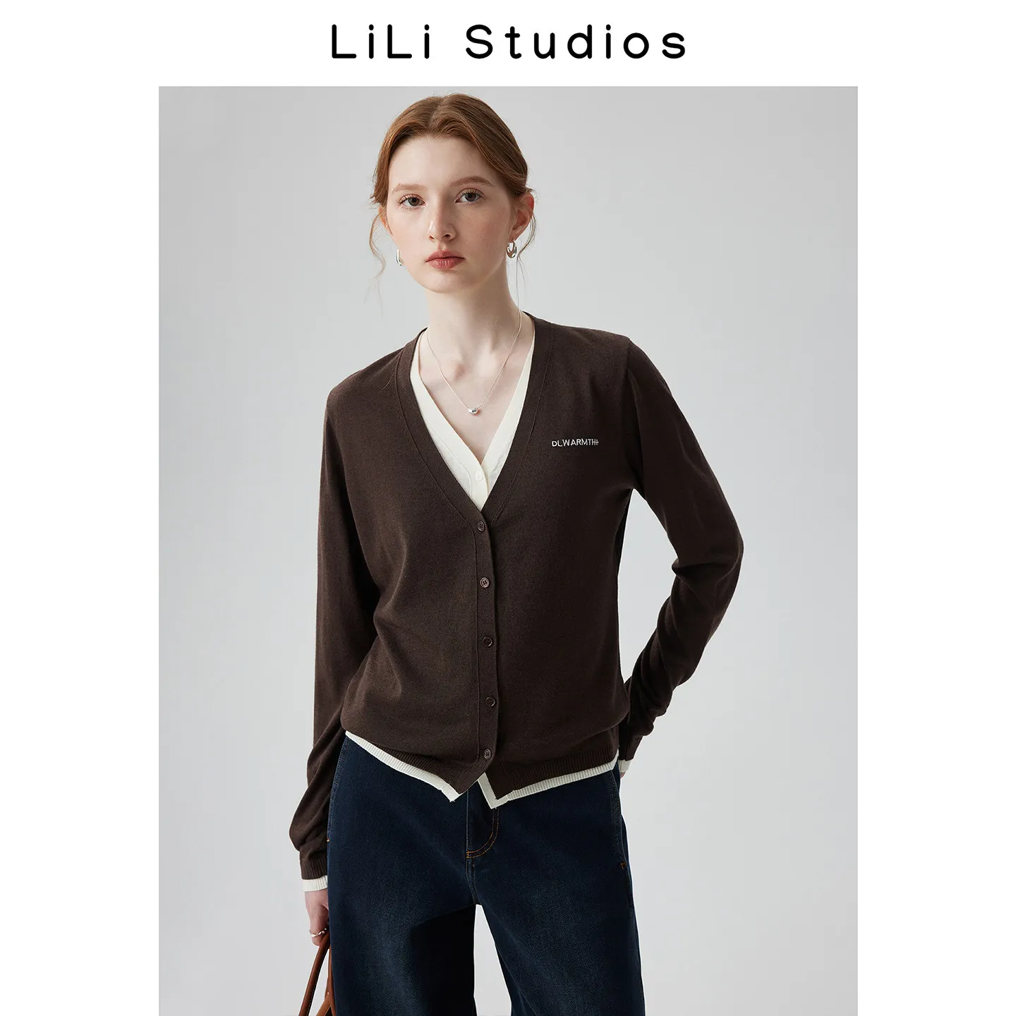 Design sense of contrast and slim cashmere cardigan color matching wild top fake two-piece long sleeve