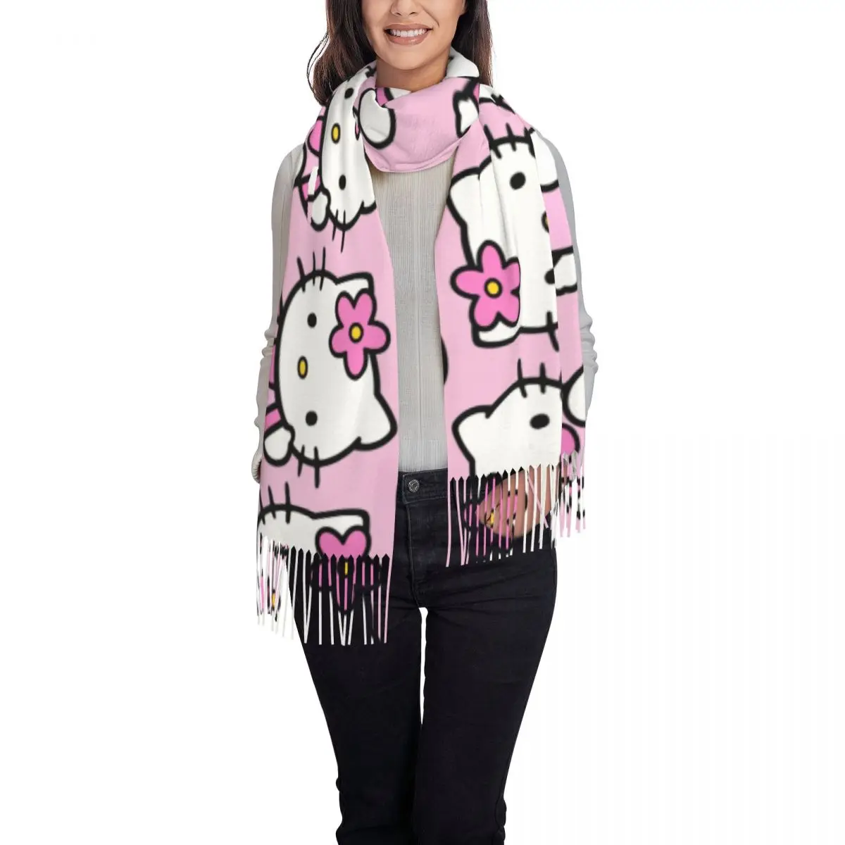 Custom Hello Kitty Cartoon Tassel Scarf Women Soft Kitty White Shawls Wraps Ladies Winter Fall Scarves