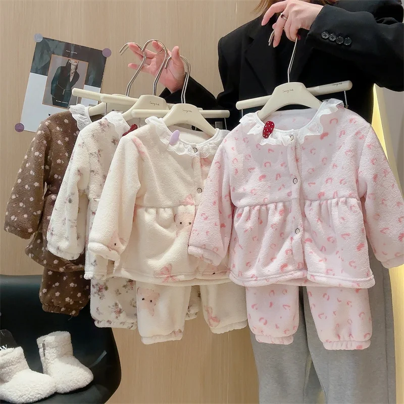 Children's Homewear Set Girls Fleece Suit Winter Baby Warm Pyjamas Pants 2Pcs Autumn Cartoon Cardigan Outfits Kid Casual Clothes