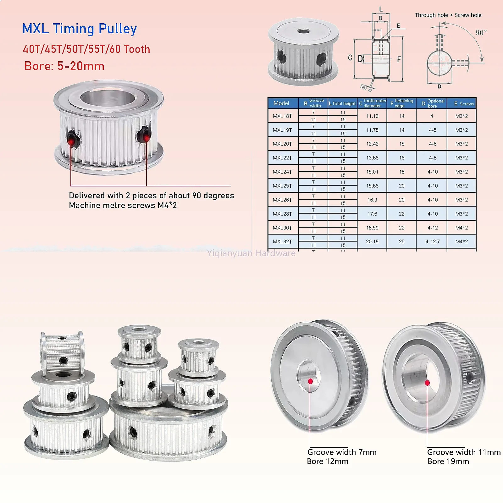 Yiqianyuan 1Piece 40T-60T MXL Timing Pulley Bore 5-20mm for 6/10mm Width Belt Linear Motion