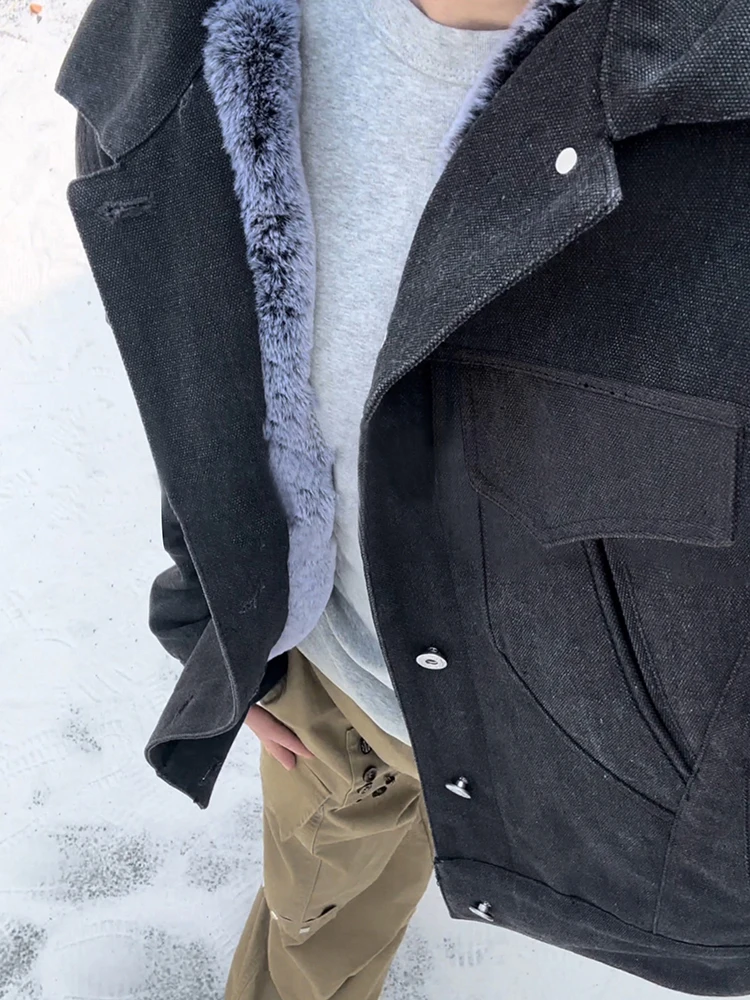 

Waed Canvas Jaet Men's Winter Thiened Faux Rabbit Fur Coat Long Ear Cotton Padded Youth Faion Anti-Wind Outerwear