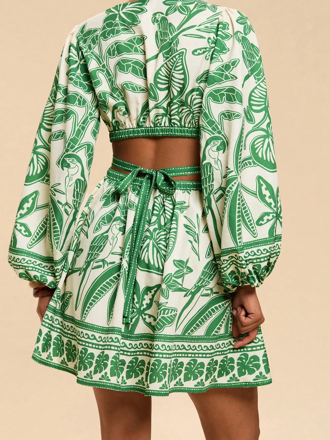 Green Tropical Print V-Neck Cutout Mini Dress with Bell Sleeves for Summer Beach & Festival