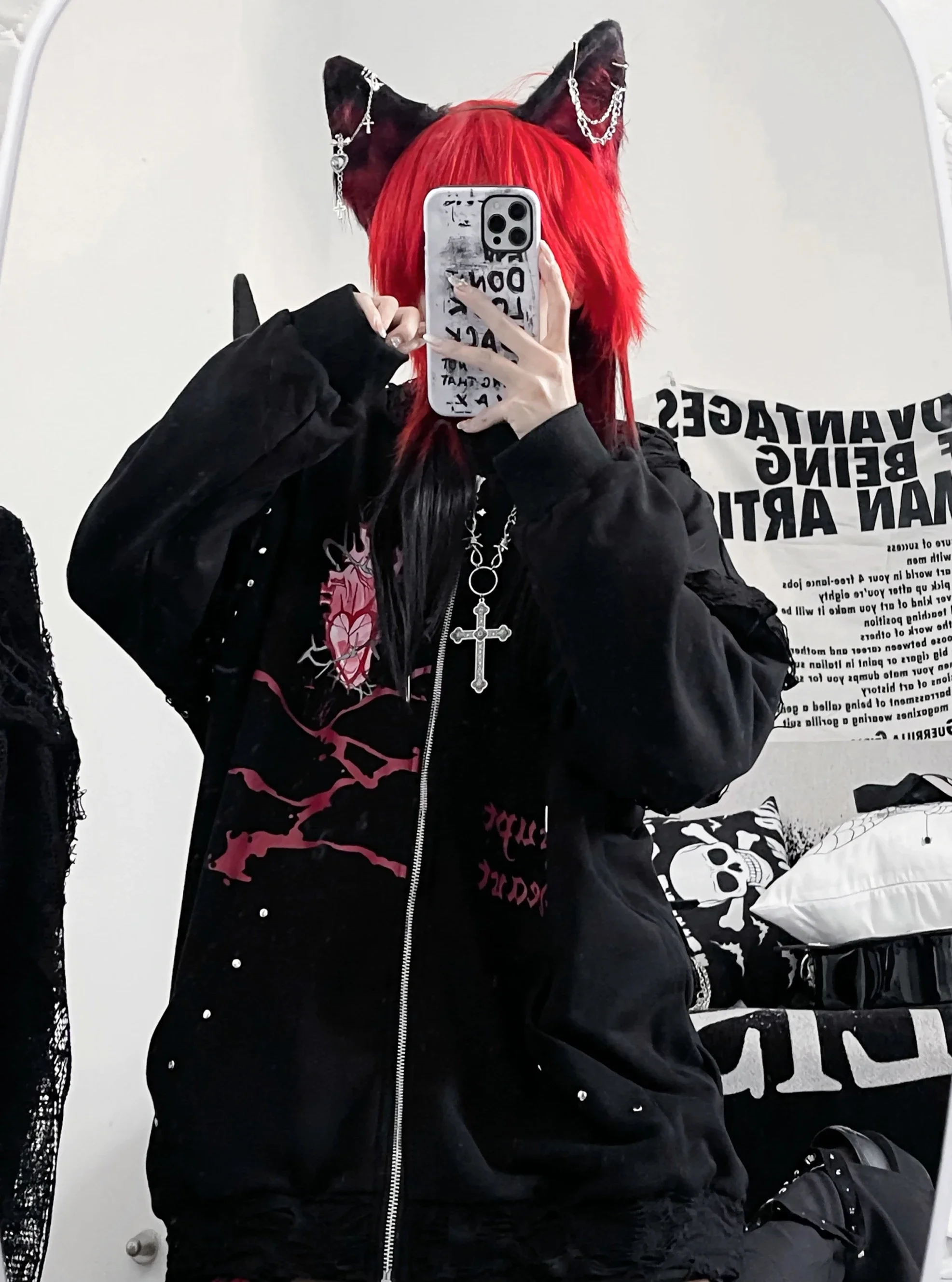 Subculture Gothic Black Hooded Hoodies Spring Women's Black Letter Printed Loose Zip Cardigan Jacket Student Aesthetic Clothing